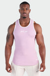 Front View of Faded Mauve Script Ribbed Fitted Tank