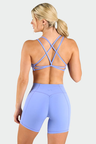 Back View of Periwinkle Tempo Strappy Back Sports Bra