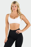 Front View of White Tempo Strappy Back Sports Bra
