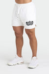 Front View of White Train Like a Freak 5 Inch Mesh Shorts