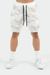Front View of Off White Camo Varsity Shorts