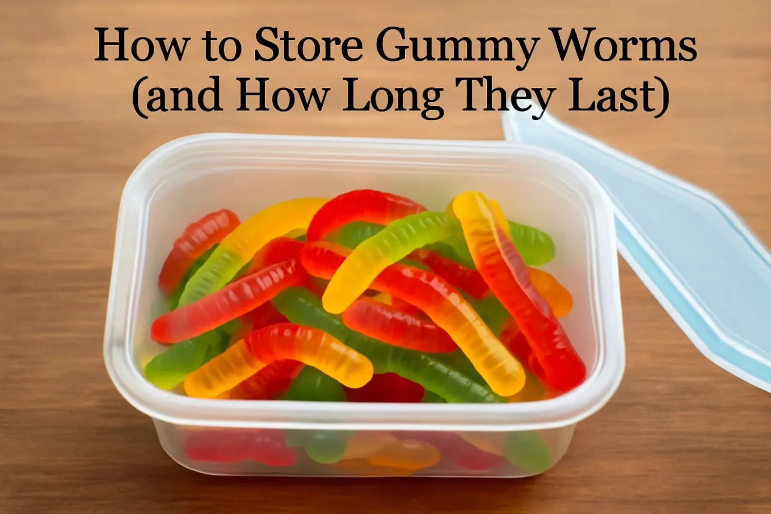 Clear plastic container filled with colorful gummy worms on a wooden table, titled "How to Store Gummy Worms."