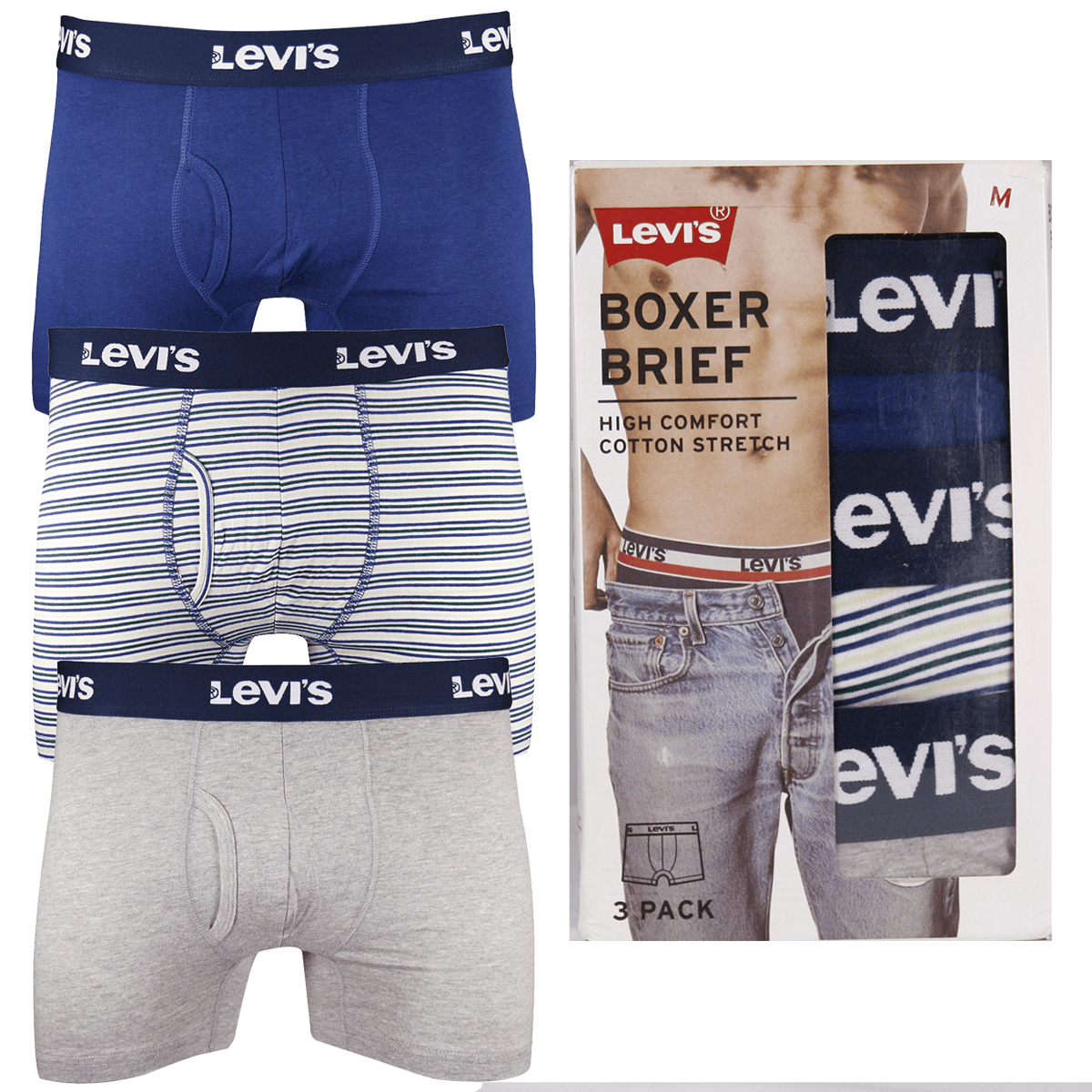 Levi's Men's 3 Pack Blue, Striped, Grey Stretch Boxer Briefs (S08) –  Spotted Clothing