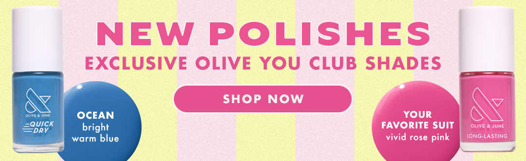 FREE POLISH EXCLUSIVE OLIVE YOU CLUB SHADES - Ocean, a bright blue and Your Favorite Suit, a vivid rose pink - shop now