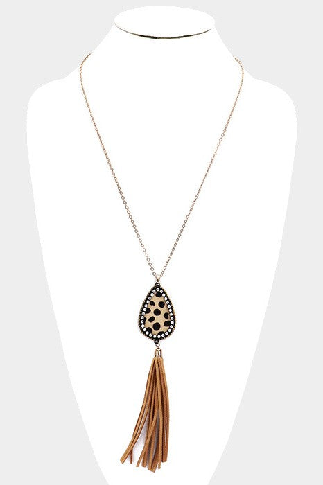 Leopard Leather And Crystal Teardrop Necklace Apple Girl Boutique 