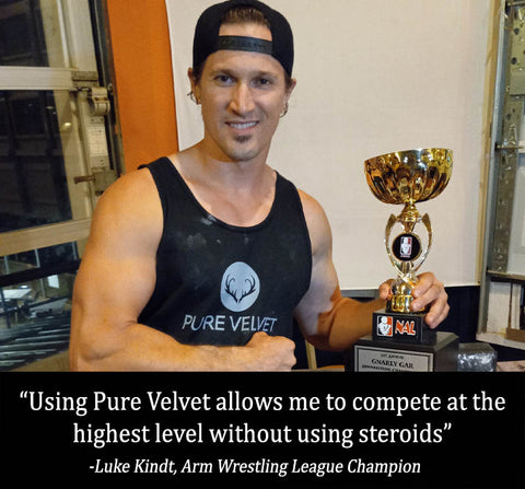 Arm wrestling testimonial about deer antler velvet's ability to enhance athletic performance and recovery due to its high concentration of growth factors
