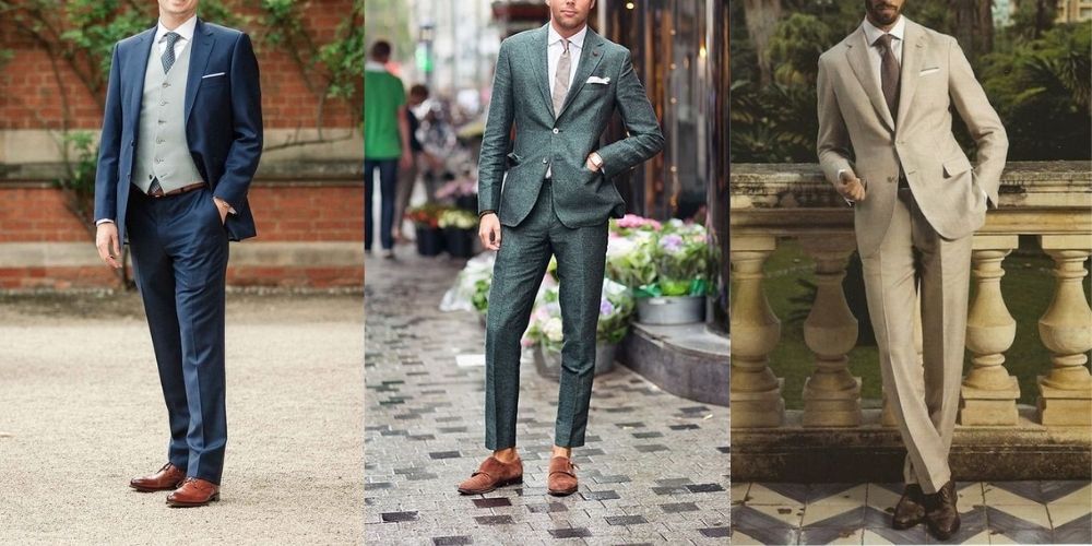 Formal suits with brown shoes (navy, forest green or off-white suits)