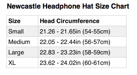 Australian Newcastle headphone hats sizing chart
