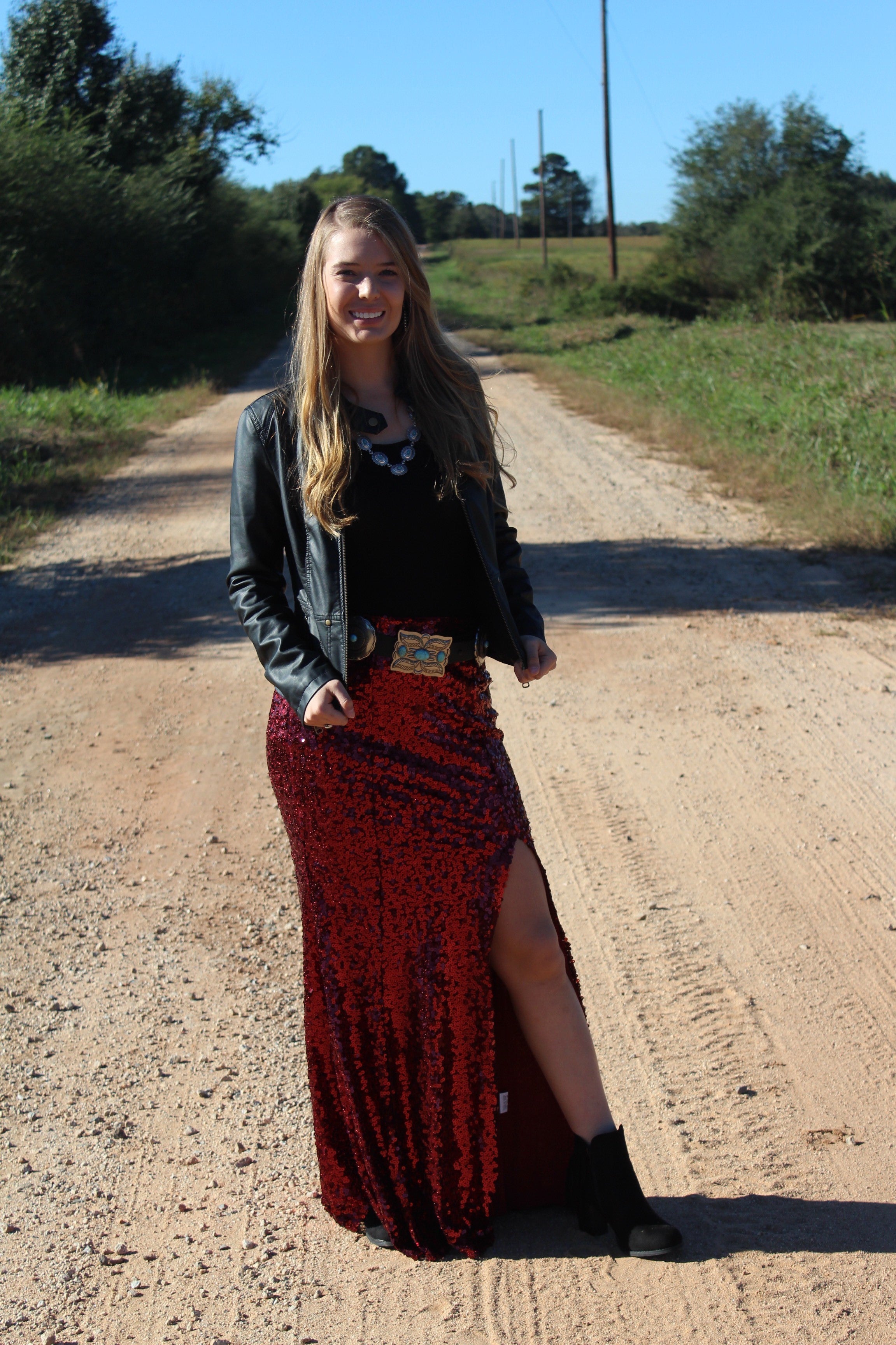 burgundy sequin maxi skirt