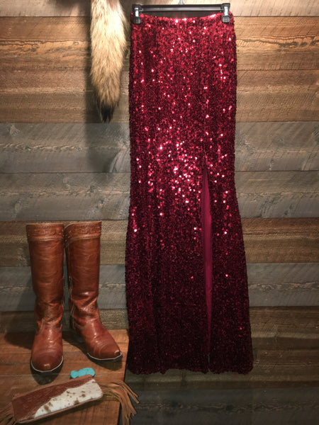 burgundy sequin maxi skirt