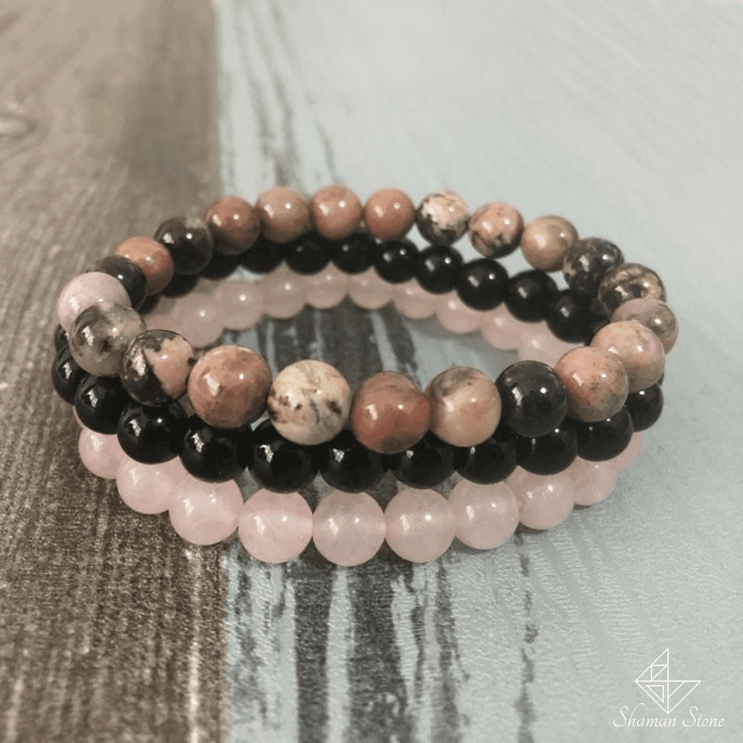 Bracelets Amour De Soi En Onyx Rhodonite Et Quartz Rose Shaman Stone