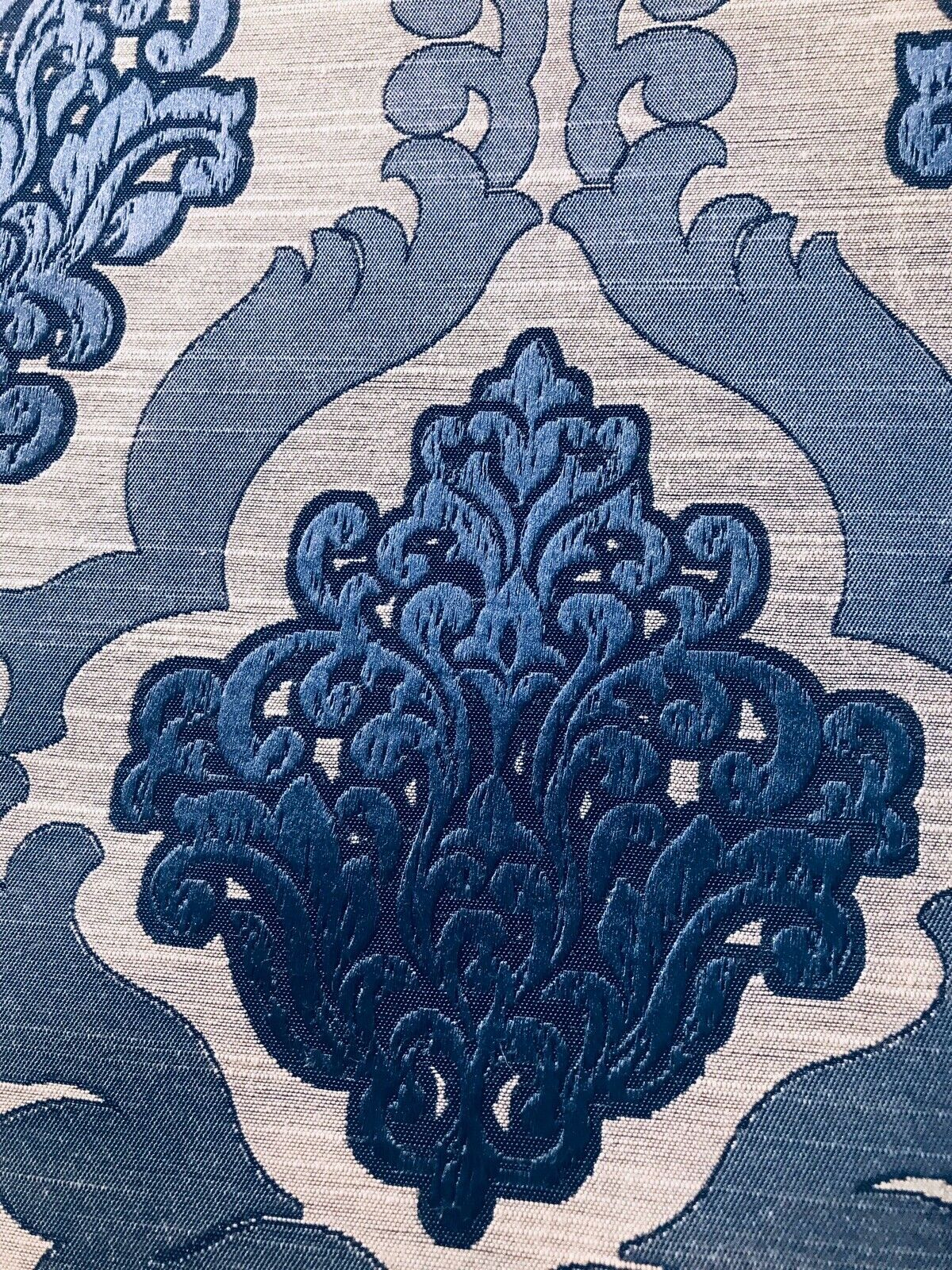 NEW Designer Burnout Damask Satin Upholstery Fabric Blue & Natural BTY