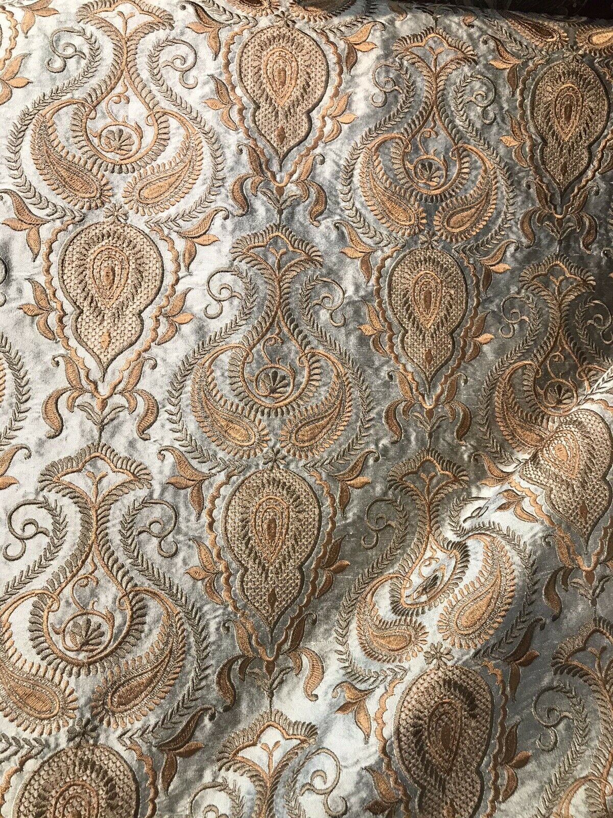 NEW Novelty 100% Silk Taffeta Embroidered Fabric Made In India- Silver