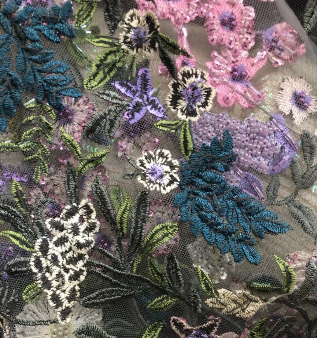 NEW Novelty Couture 100 Silk Floral Mesh Beaded & Embroidered Fabric