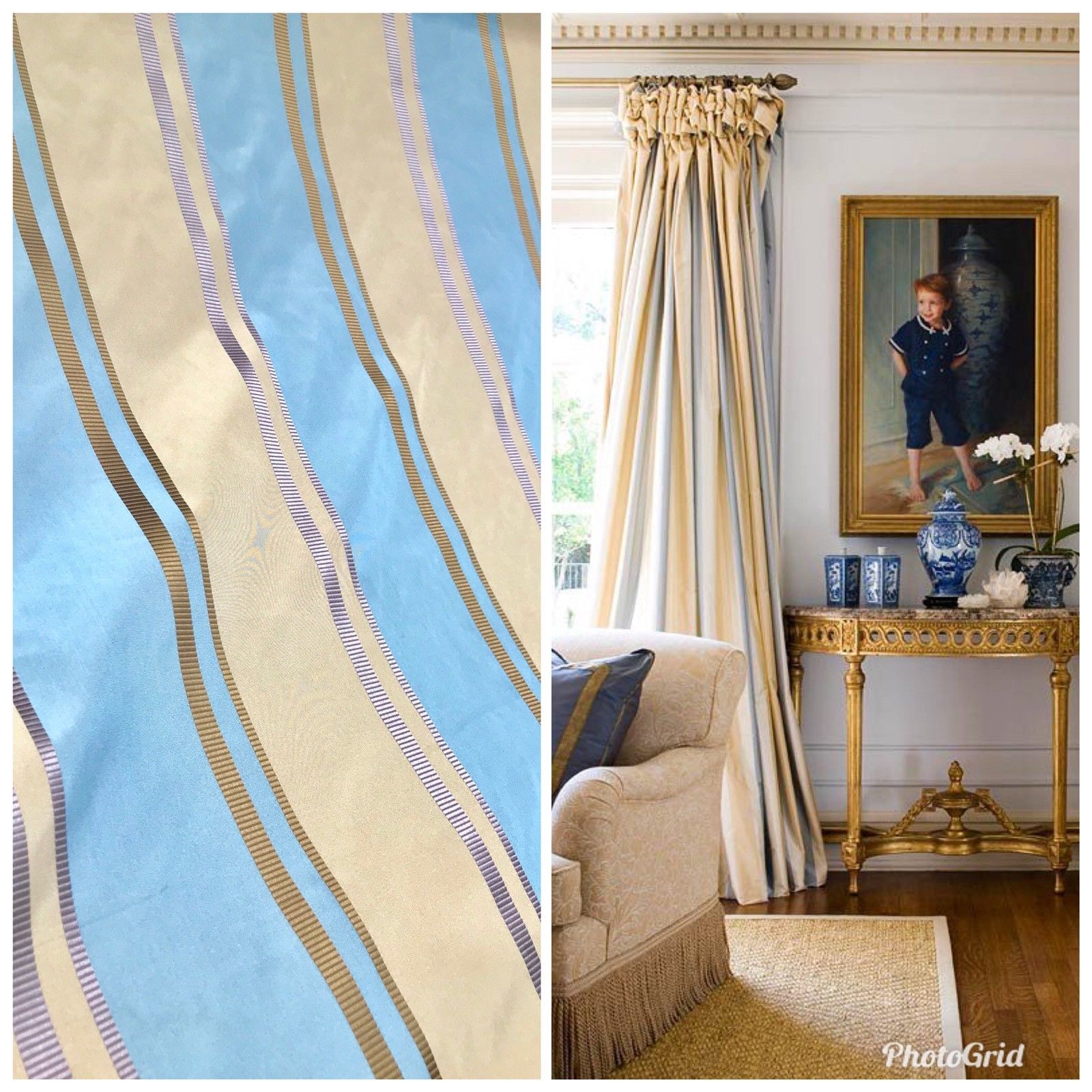 blue and gold curtain fabric