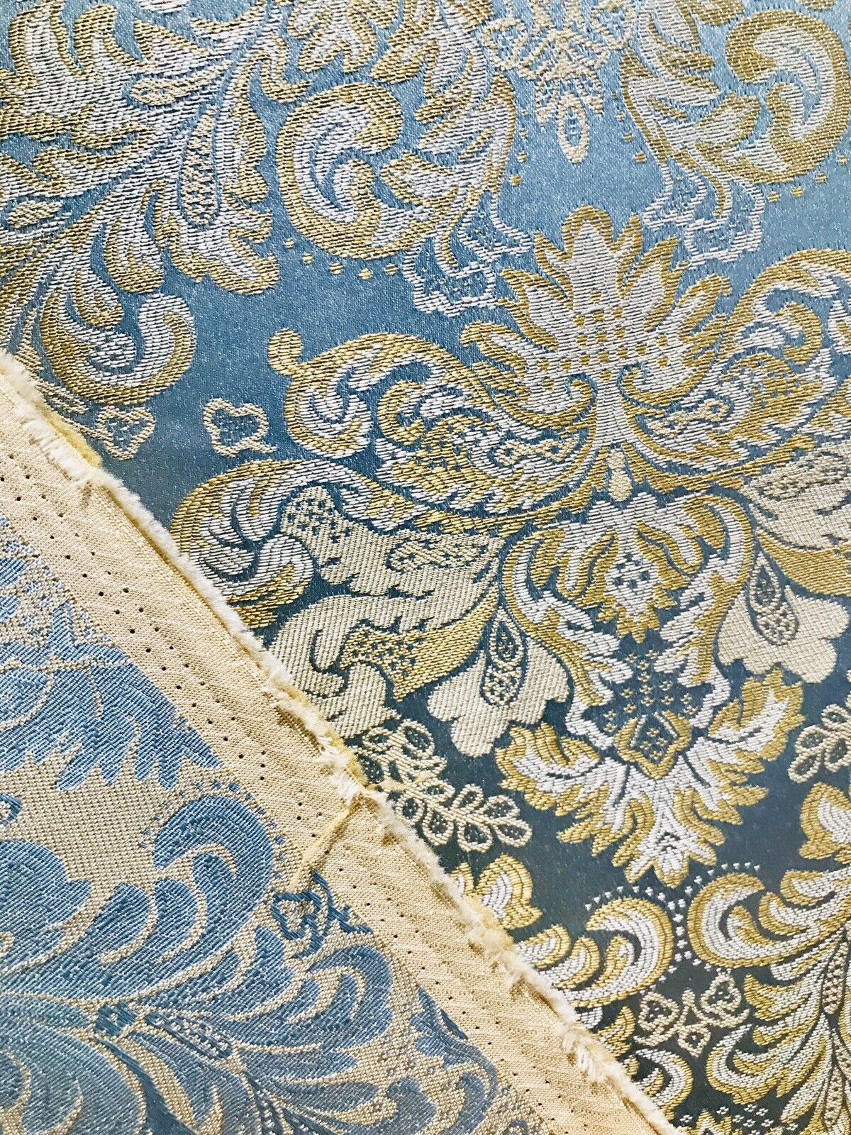 NEW! Designer Brocade Satin Fabric- Blue And Gold- Upholstery Damask ...