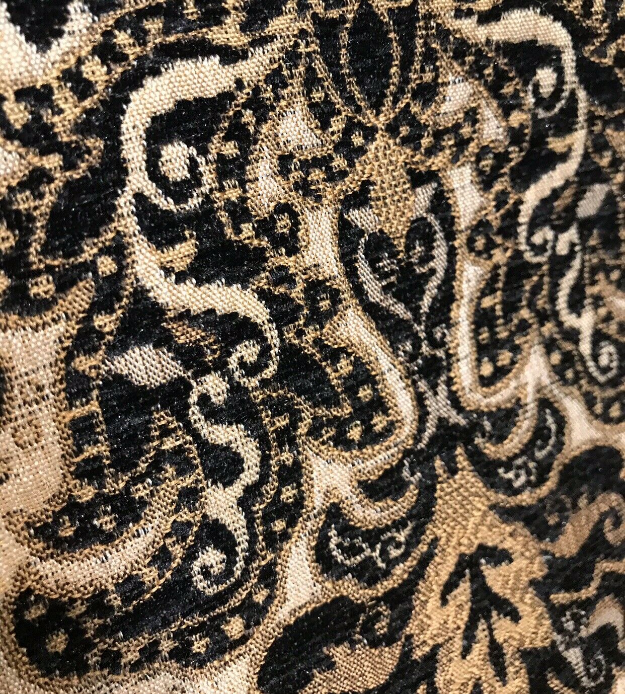 Designer Velvet Chenille Burnout Damask Brocade Fabric - Black Beige ...