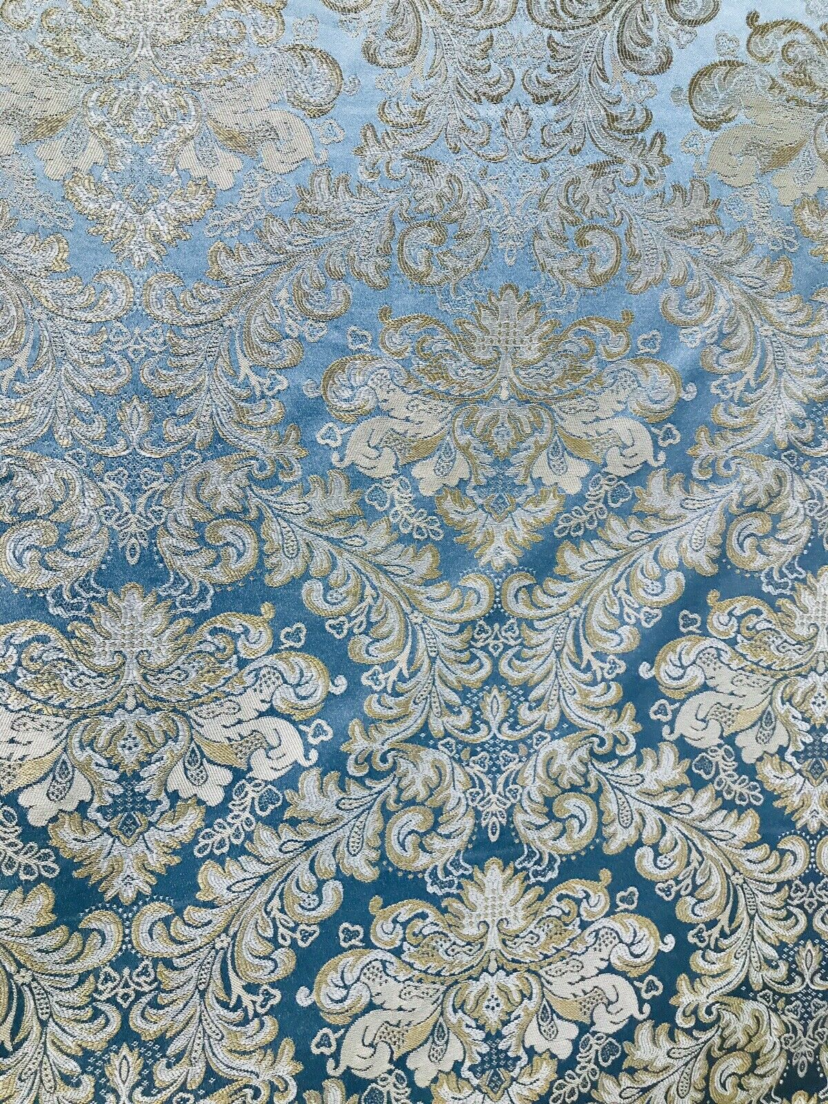 NEW! Designer Brocade Satin Fabric- Blue And Gold- Upholstery Damask