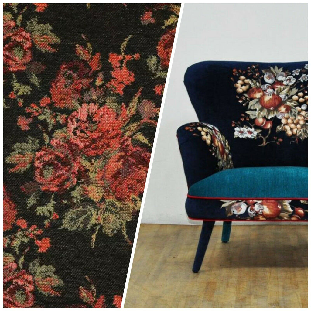 Behoren Crimineel Onbevredigend NEW Miss Juniper Designer Floral Needlepoint Inspired Upholstery Fabric-  Black & Roses | www.fancystylesfabric.com