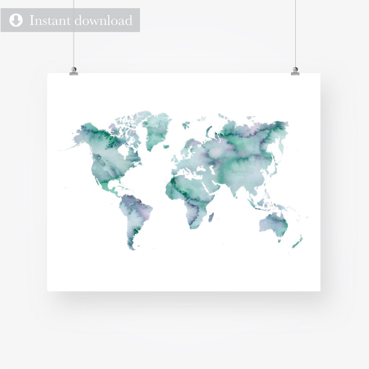 watercolor world map printable turquoise art print instant download sunny rain art