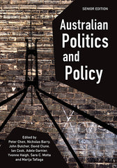 The cover of Australian Politics and Policy textbook showing the title and the outline of the roof of Parliament House superimposed on a brick wall. 