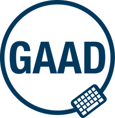 A logo showing the acronym GAAD in a circle with a symbol of a keyboard in the right hand side of the circle below the acronym.