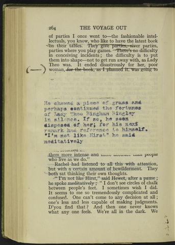 the page of an old book with blue pen marks over some of the words, and a piece of paper stuck over a paragraph with words typed on a typewriter on it 