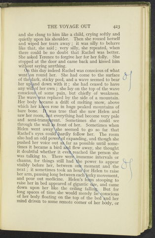 A page from an old book with a long line drawn over the words horizontally, in blue pen