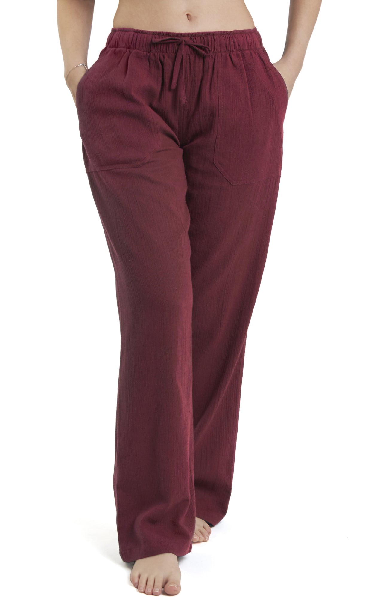 Women's Gauze Cotton PJ & Beach Pants with Pockets (Burgundy) – J & Ce