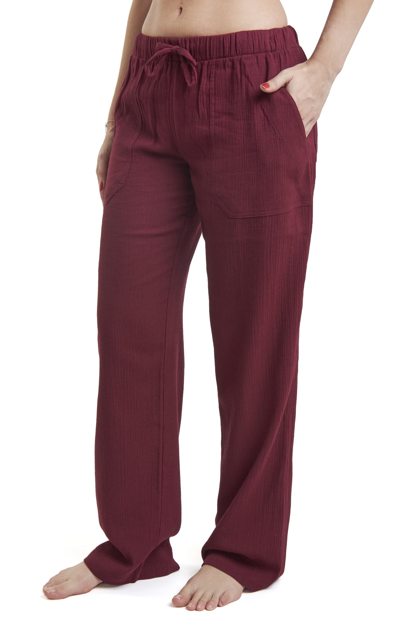 Women's Gauze Cotton PJ & Beach Pants with Pockets (Burgundy) – J & Ce