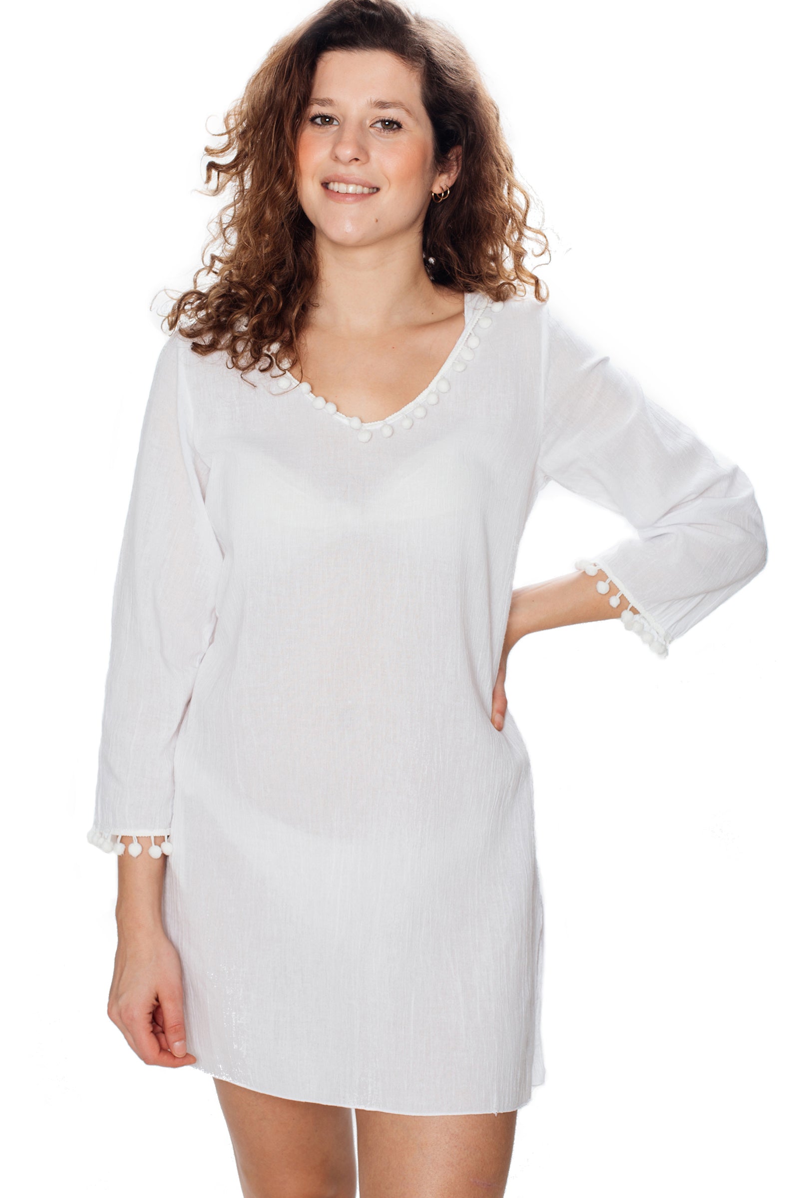 Women's Long Sleeve Beach Tunic Hooded Cotton Cover-Up (White) – J & Ce