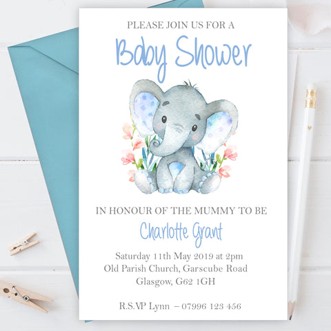 10 Personalised Baby Shower Party Invitations Blue Boy Watercolour Elephant