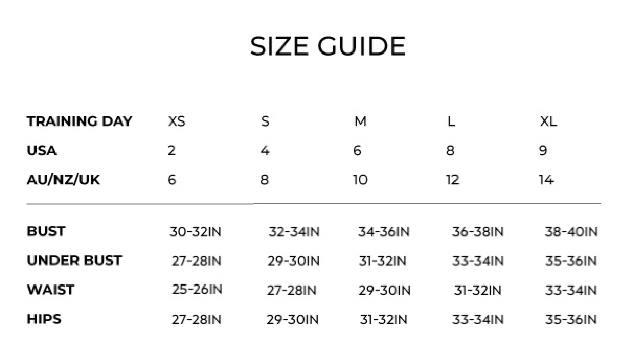Training Day Size Chart