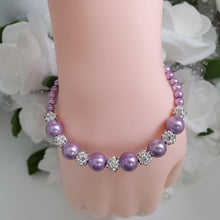 Load image into Gallery viewer, Handmade pearl and pave crystal rhinestone bracelet, lavender purple or custom color - Bracelets - Pearl Bracelet