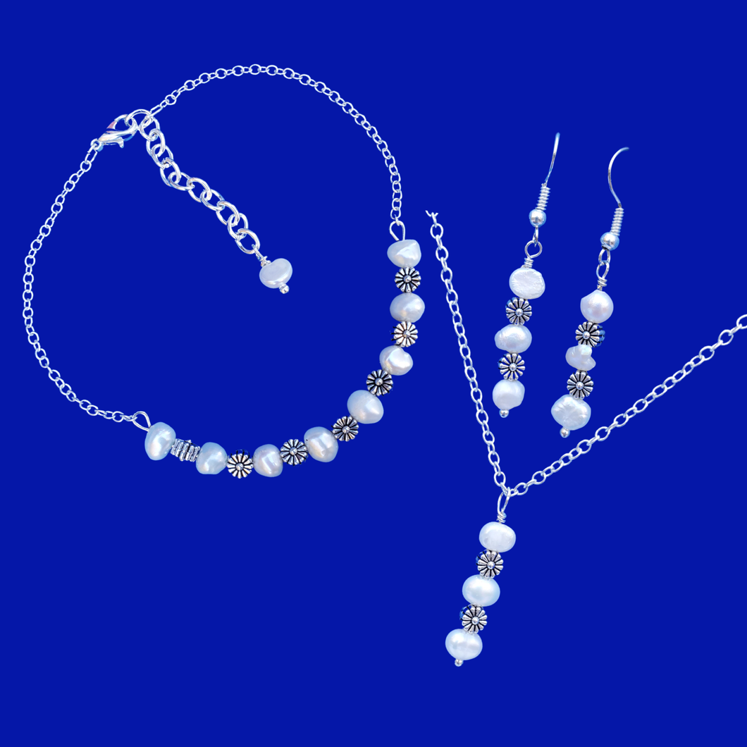 Flower Jewelry - Necklace Set - Jewelry Sets, handmade floral fresh water pearl drop necklace accompanied by a matching bracelet and a pair of drop earrings, ivory and silver or ivory and gold