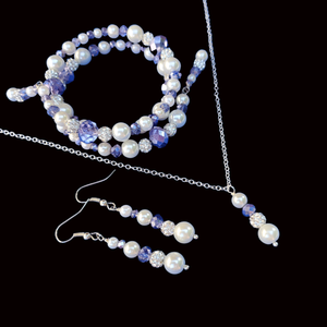 Jewelry Sets - Pearl Set - Bridesmaid Jewelry - handmade pearl and crystal drop necklace accompanied by an expandable, multi-layer, wrap bracelet and a pair of drop earrings, white blue silver or custom color