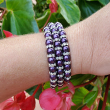 Load image into Gallery viewer, Handmade pearl and crystal rhinestone expandable, multi-layer, wrap bracelet - dark purple or custom color - Pearl Bracelet - Wrap Bracelet - Bracelets