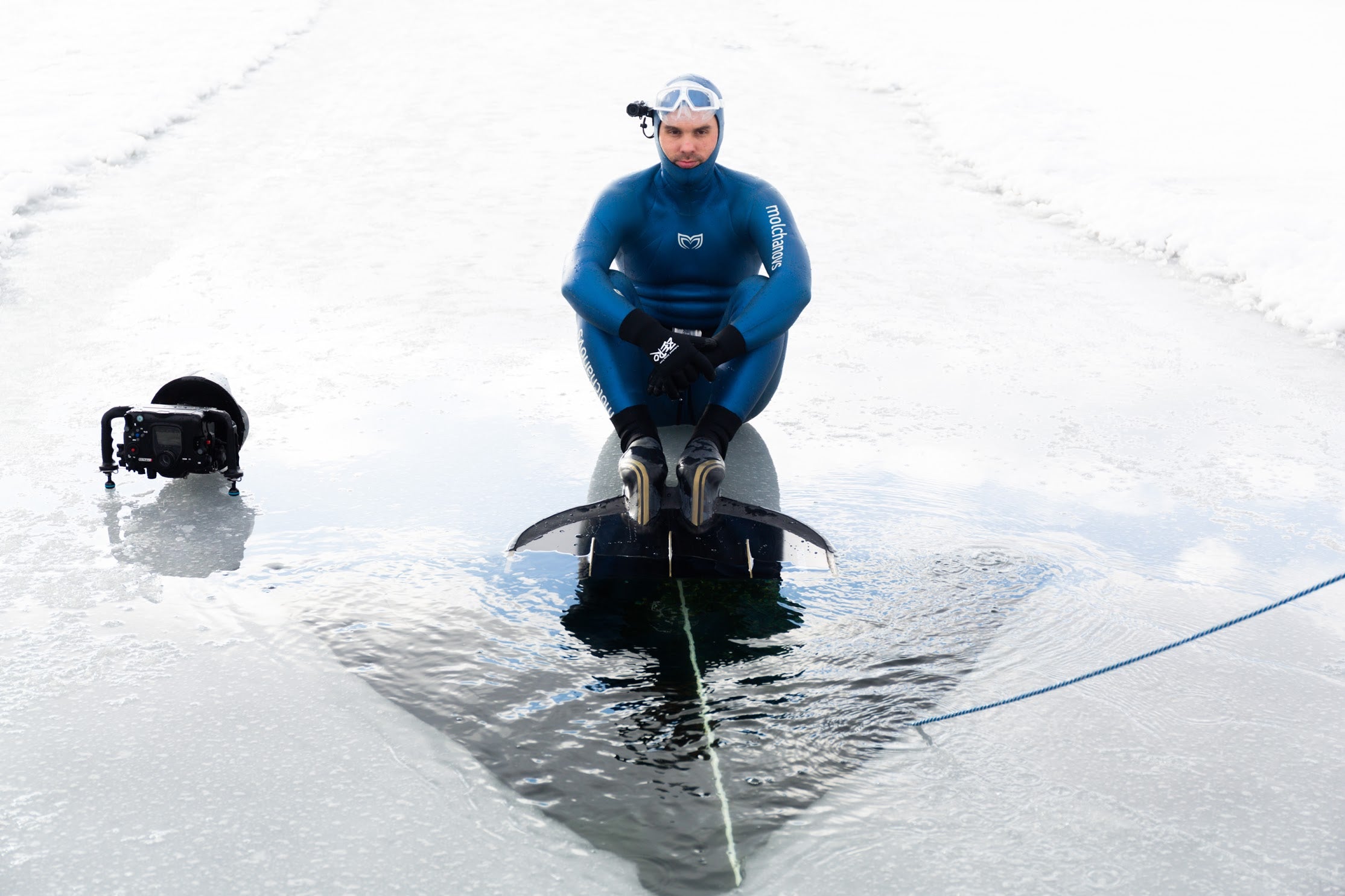 Alexey Molchanov preparing for a World Record breaking under-ice dive