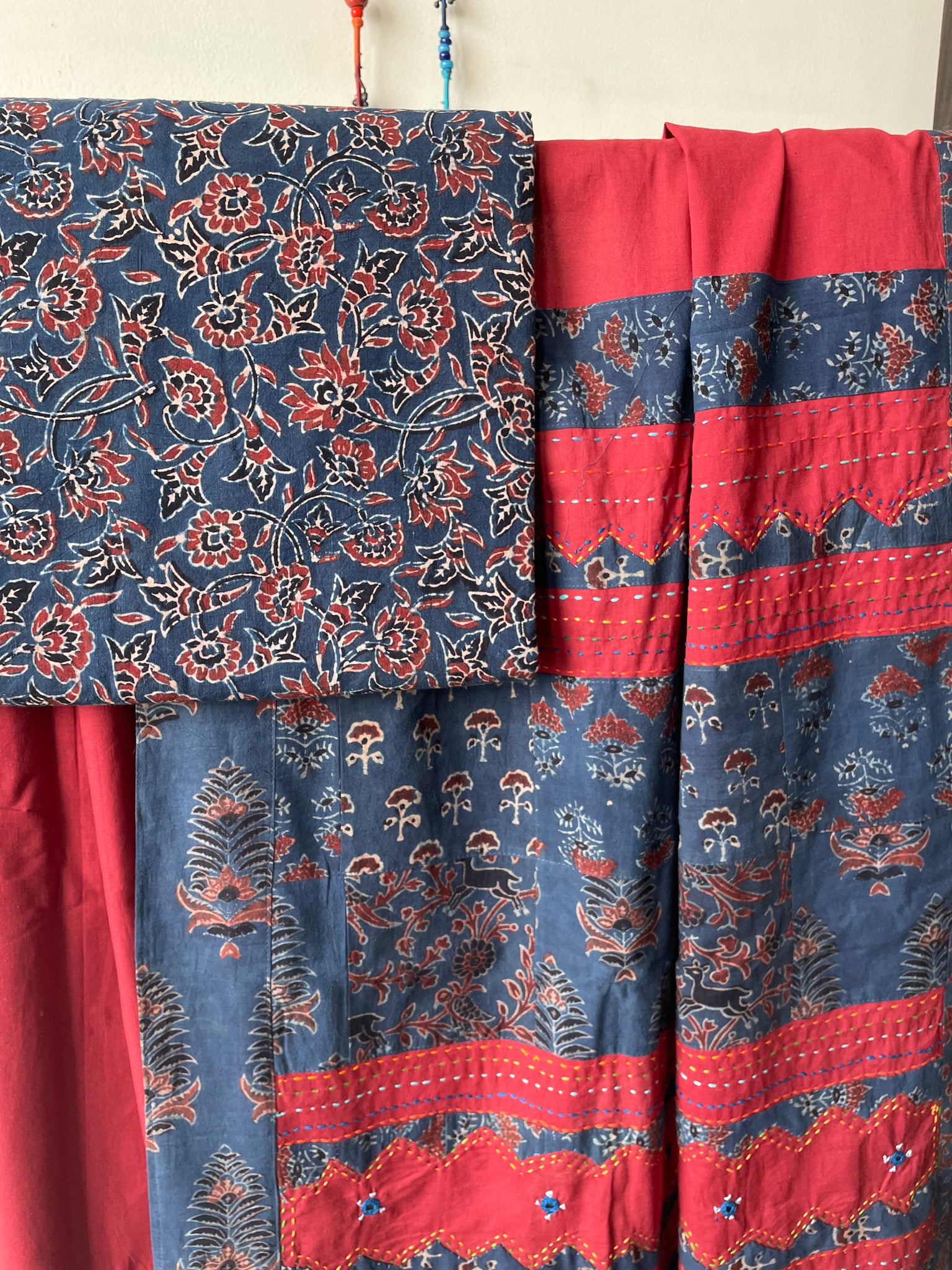 Maroon Applique Ajrakh Hand Embroidered Mul Cotton Saree