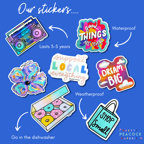 collection of 7 new sticker designs by artist Natalie Henry-Charles of Pretty Peacock Paperie. 1. Boom Box that is coloful 2. Abstract colorful goods things are coming 3. Colorful tropical hibiscus 4. Support local everything 5. Dream Big 6. Pastel donuts 7. Shop Small written on a bag