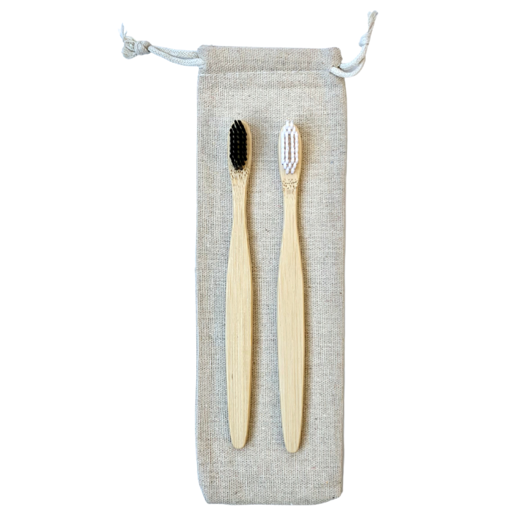 Lot de 2 brosses à dents en bambou + sac en lin - BONATURESHOP