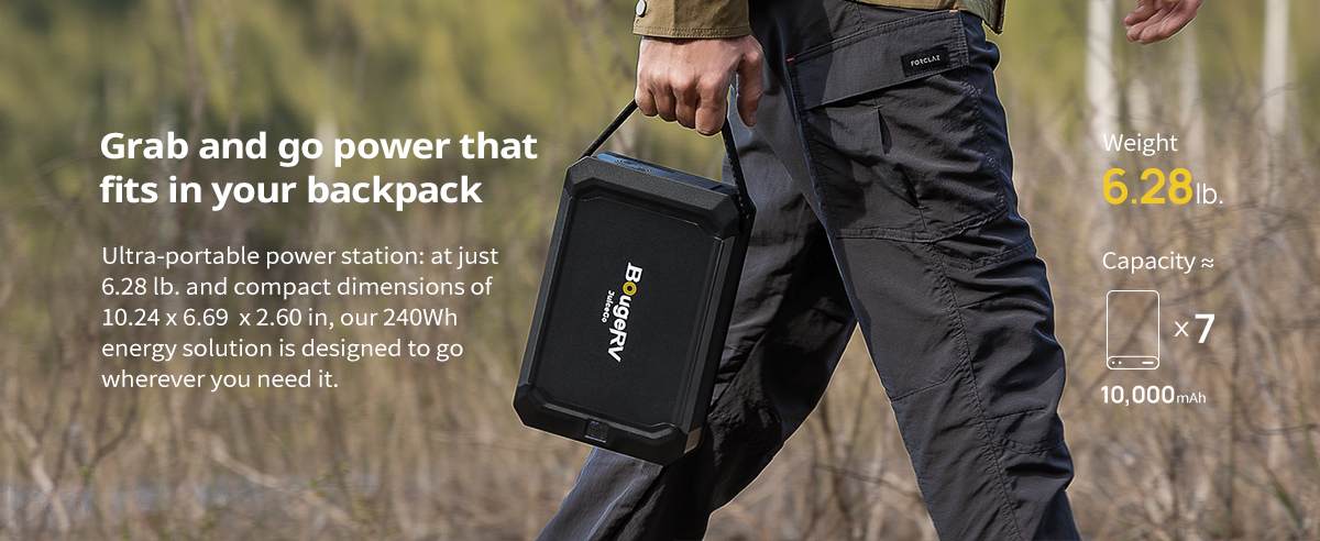 A BougeRV’s JuiceGo portable power station that's highly portable and super lightweight.