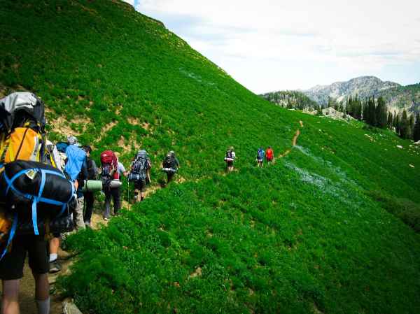 A group of people backpacking across a narrow road in the beautiful green mountains