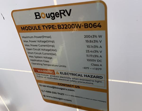 An example of a BougeRV 200W solar panel's electrical specifications