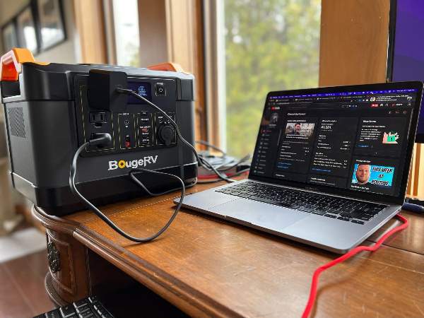 BougeRV portable generator powering a laptop