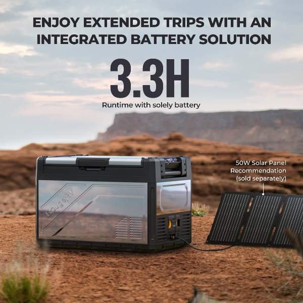 BougeRV's 50W portable solar panel powers the 55-qt Rocky overlanding fridge with an integrated battery