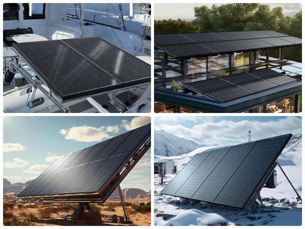 BougeRV’s bifacial solar panels are installed above snowy ground, on a sandy area, on rooftops, and pergola