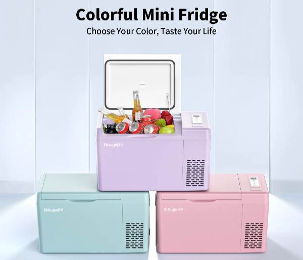 BougeRV’s colored mini fridge in pink, purple, and green