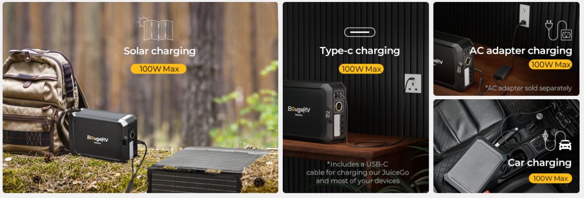 BougeRV’s portable power station can be recharged in various ways