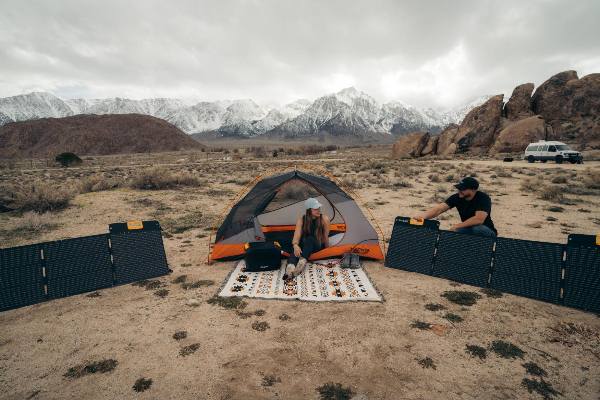 Charging BougeRV’s Rover 2000 portable power station with BougeRV’s foldable solar panels while camping